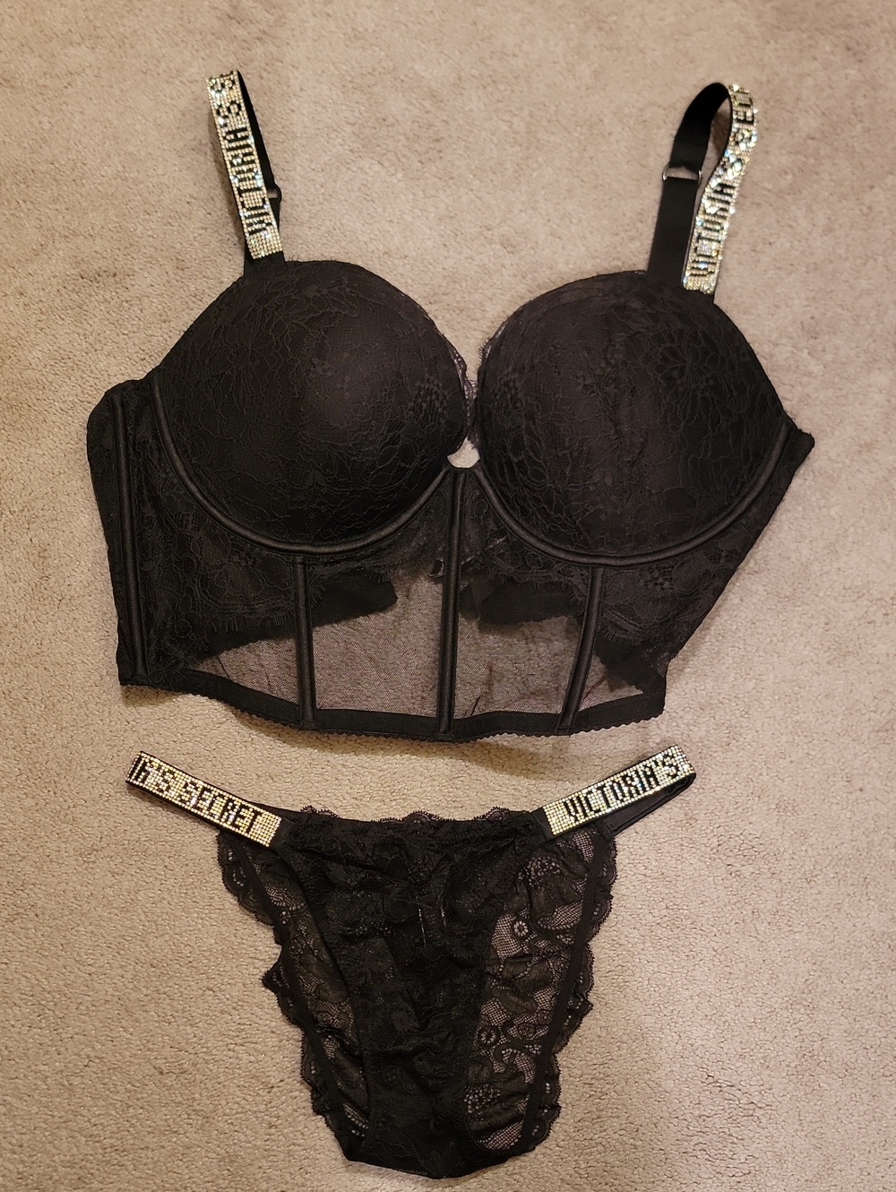 Victoria's Secret Black Lace Longline Bustier Set with Jeweled Logo Straps